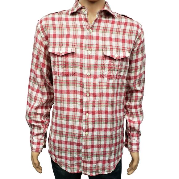 BROOKS BROTHERS 346 Linen Shirt Men M Double Pocket Military Epaulets Plaid Red - Picture 2 of 11